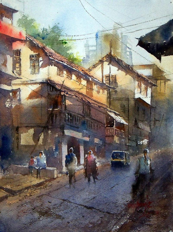 Cityscape watercolor painting titled 'Morning at Thane', 20x13 inches, by artist Sanjay Dhawale on Handmade Paper