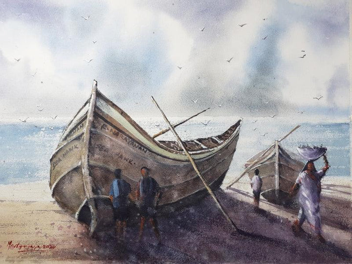 Landscape watercolor painting titled 'Morning catch', 16x12 inches, by artist Mrutyunjaya Dash on Paper