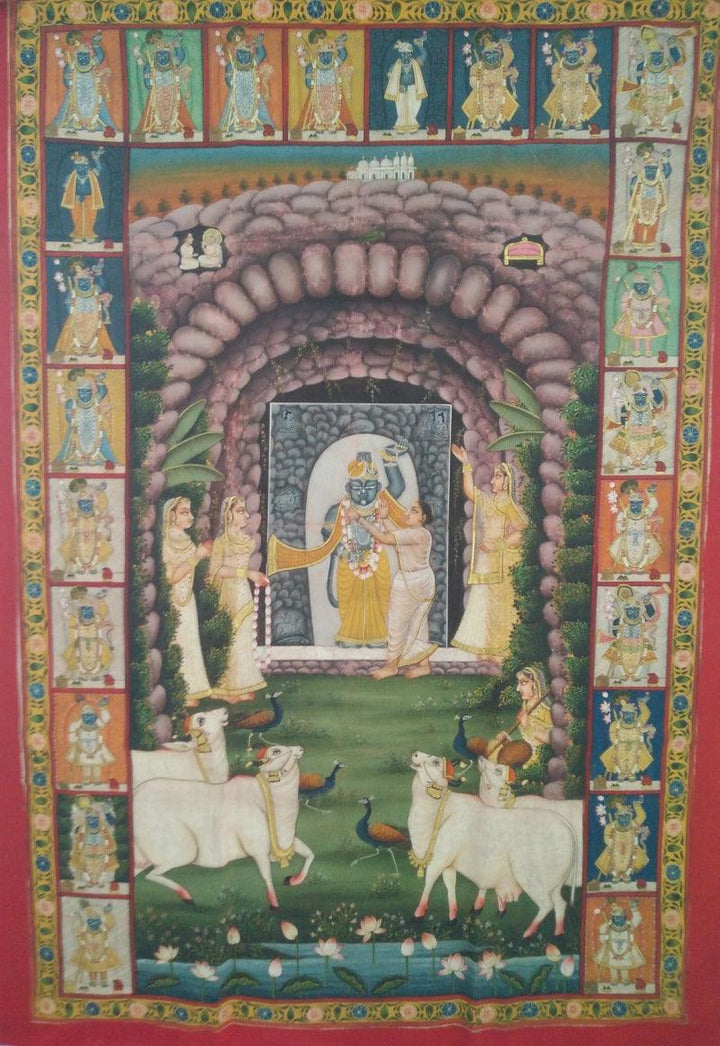 Religious pichwai traditional art titled 'Morning Darshana Pichwai Painting', 36x24 inches, by artist Yugdeepak Soni on Cloth