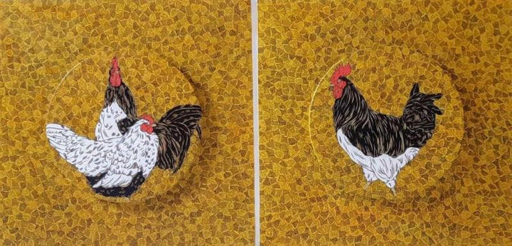 Animals acrylic pen painting titled 'Morning (Diptych)', 20x40 inches, by artist Rama Krishna V on Canvas Board