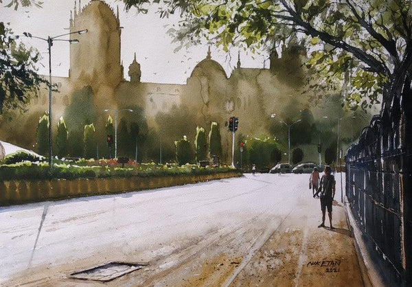 Cityscape watercolor painting titled 'Morning Glory at CST', 17x12 inches, by artist Niketan Bhalerao on Watercolour On Paper