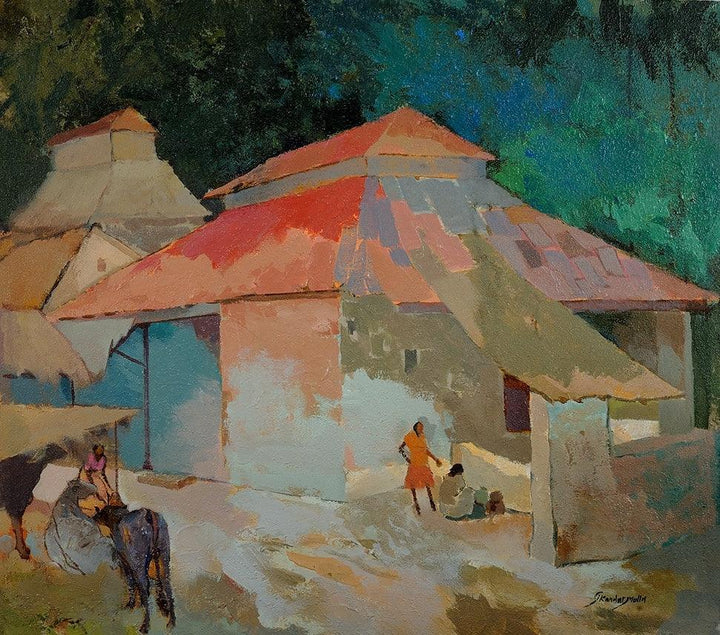 Landscape acrylic painting titled 'Morning Hustle', 26x29 inches, by artist Sikandar Mulla on Canvas