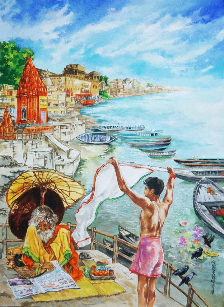 Cityscape mixed media painting titled 'Morning In Banaras', 28x22 inches, by artist Shambhu Nath Goswami on Paper