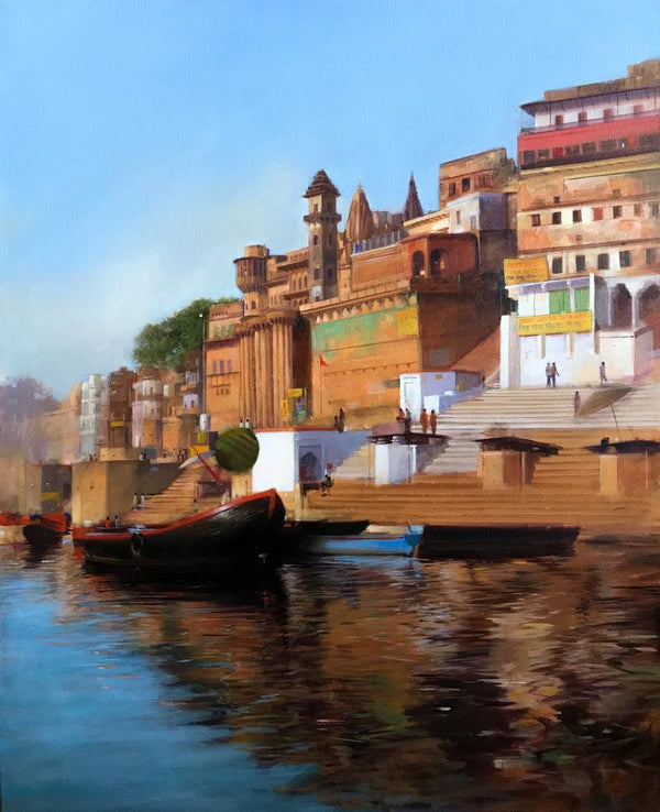 Religious acrylic painting titled 'Morning In Ghat', 30x24 inches, by artist Atif Pachapuri on Canvas