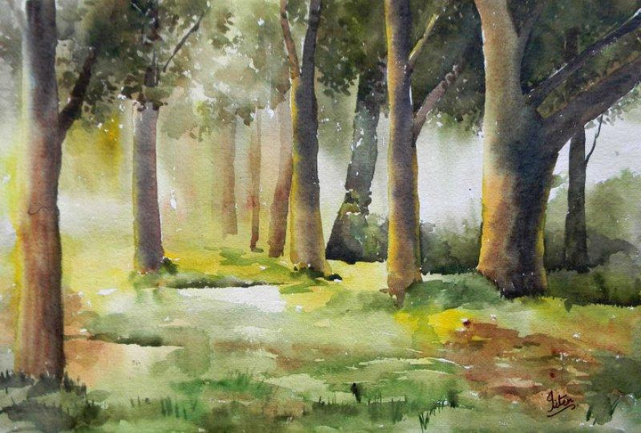 Landscape watercolor painting titled 'Morning In Wood', 14x21 inches, by artist Jitendra Sule on Handmade Paper