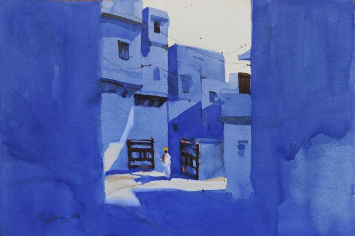 Landscape watercolor painting titled 'Morning Light Jodhpur Blues', 15x22 inches, by artist Prashant Prabhu on Arches Paper