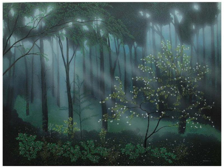 Landscape acrylic painting titled 'Morning Lights', 36x48 inches, by artist Shuvankar Maitra on Canvas