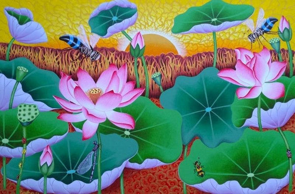 Nature acrylic painting titled 'Morning Lotus Pond', 36x54 inches, by artist Ramu Das on Canvas