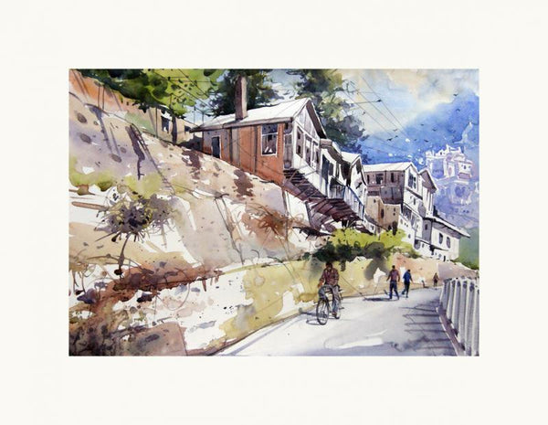 Landscape watercolor painting titled 'Morning of Shimla', 22x15 inches, by artist Amit Kapoor on Handmade Paper