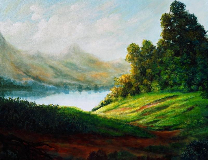 Nature acrylic painting titled 'Morning Rays 1', 24x30 inches, by artist Seby Augustine on Canvas