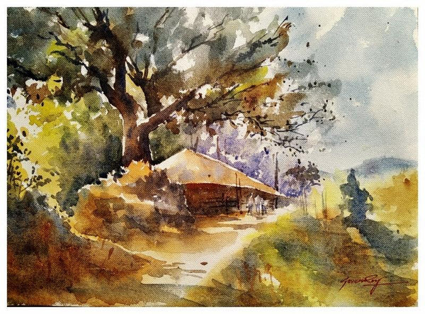 Landscape watercolor painting titled 'Morning Rays', 14x10 inches, by artist Soven Roy on Paper