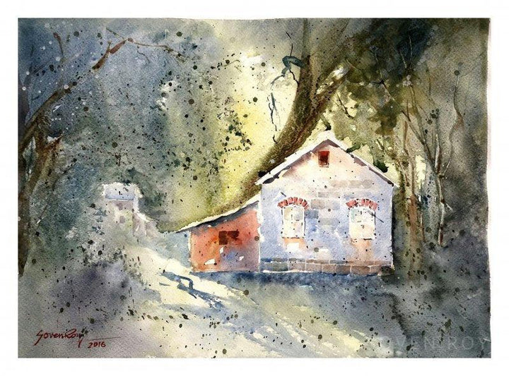 Landscape watercolor painting titled 'Morning Rays Through Trees', 16x12 inches, by artist Soven Roy on Paper