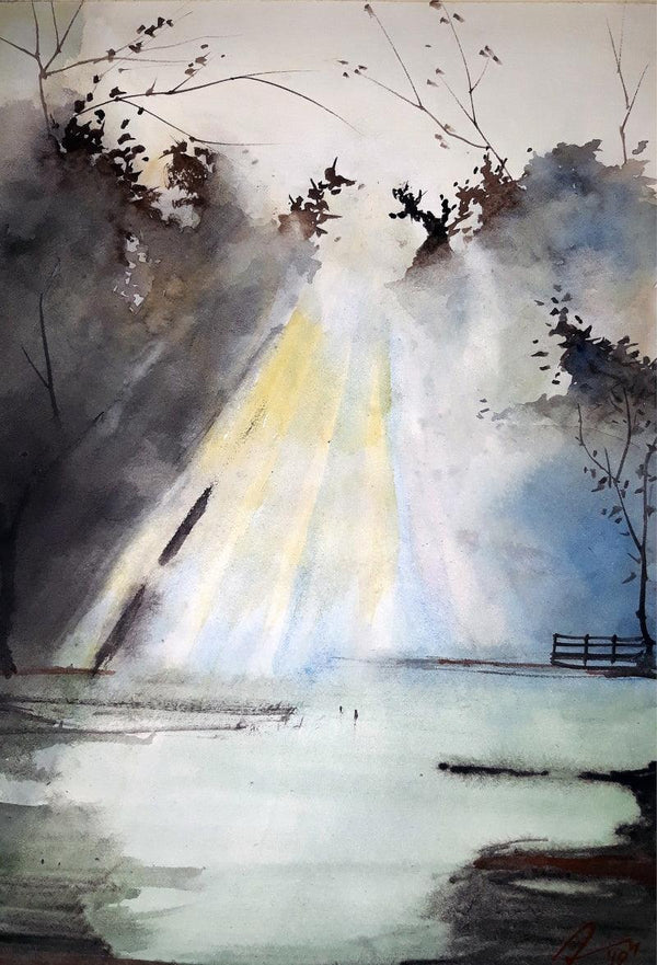 Nature watercolor painting titled 'Morning Sun In The Woods', 11x8 inches, by artist Arunava Ray on Paper