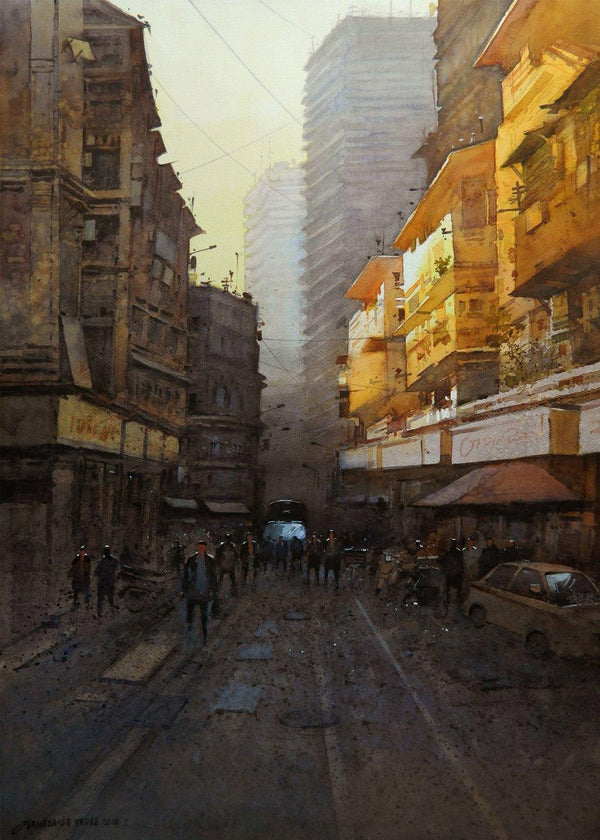 Cityscape watercolor painting titled 'Morning Time', 24x30 inches, by artist NanaSaheb Yeole on Paper