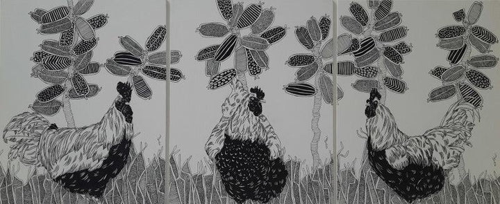 Animals pen drawing titled 'Morning (Triptych)', 18x42 inches, by artist Rama Krishna V on Canvas Board