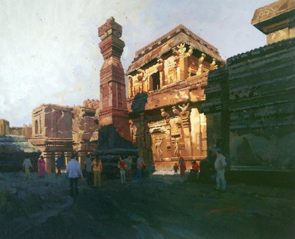 Cityscape acrylic painting titled 'Morning Vibes Ellora Caves', 30x36 inches, by artist Abhijit Jadhav on Canvas