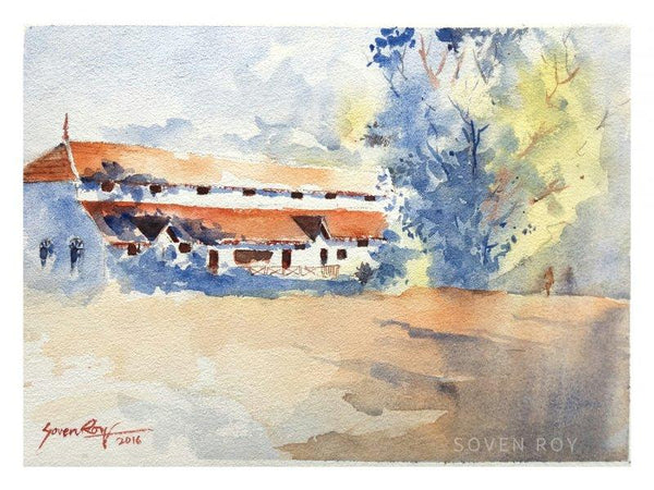 Landscape watercolor painting titled 'Morning Walk', 14x10 inches, by artist Soven Roy on Paper