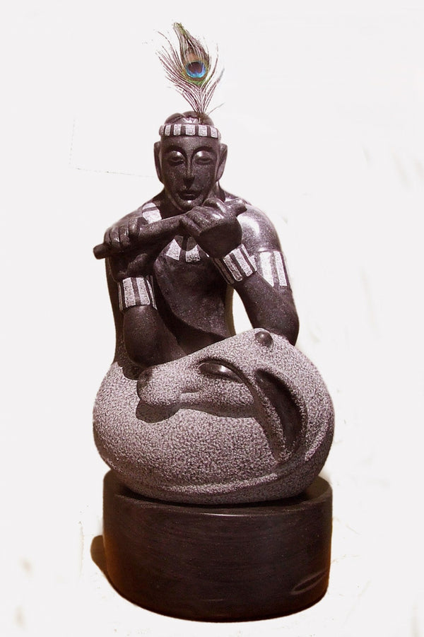 Religious  sculpture titled 'Morpankh Dhari', 35x16 inch, by artist Parminder Singh on Black Marble