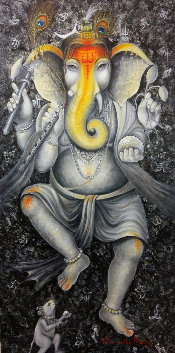 Religious acrylic painting titled 'Morpankh Ganesha', 48x24 inches, by artist Rakhi Baid on Canvas