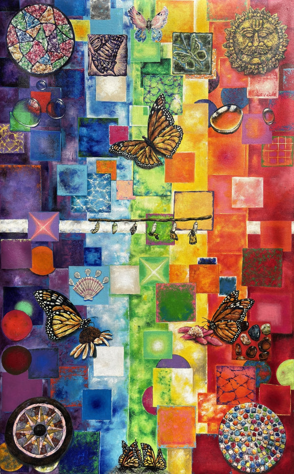 contemporary mixed-media painting titled 'Mosaic Rainbow Monarch Butterfly Series', 48x30 inch, by artist Saurab Bhardwaj on Canvas