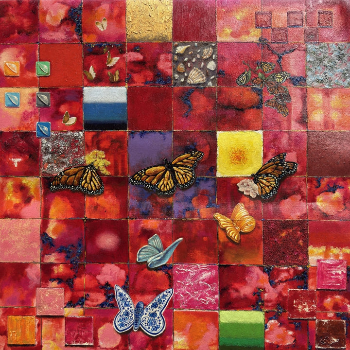 contemporary mixed-media painting titled 'Mosaic Red Monarch Butterfly', 24x24 inch, by artist Saurab Bhardwaj on Canvas