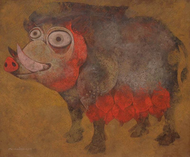 Animals tempera painting titled 'Mother 1', 30x36 inches, by artist Atish Mukherjee on Canvas Board