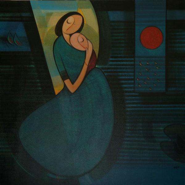 Figurative acrylic painting titled 'Mother And Child 1', 36x36 inches, by artist Dattatraya Thombare on Canvas