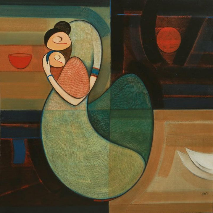 Figurative acrylic painting titled 'Mother And Child 2', 36x36 inches, by artist Dattatraya Thombare on Canvas