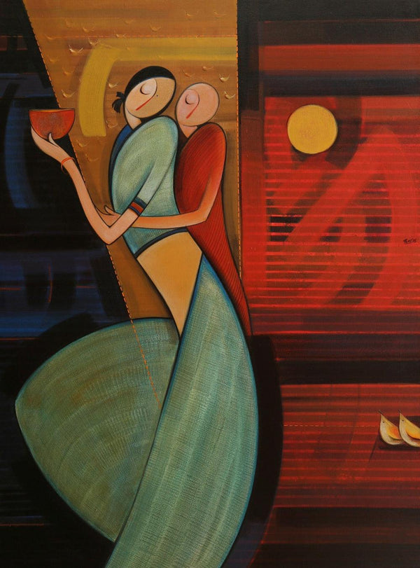 Figurative acrylic painting titled 'Mother And Child 3', 48x36 inches, by artist Dattatraya Thombare on Canvas