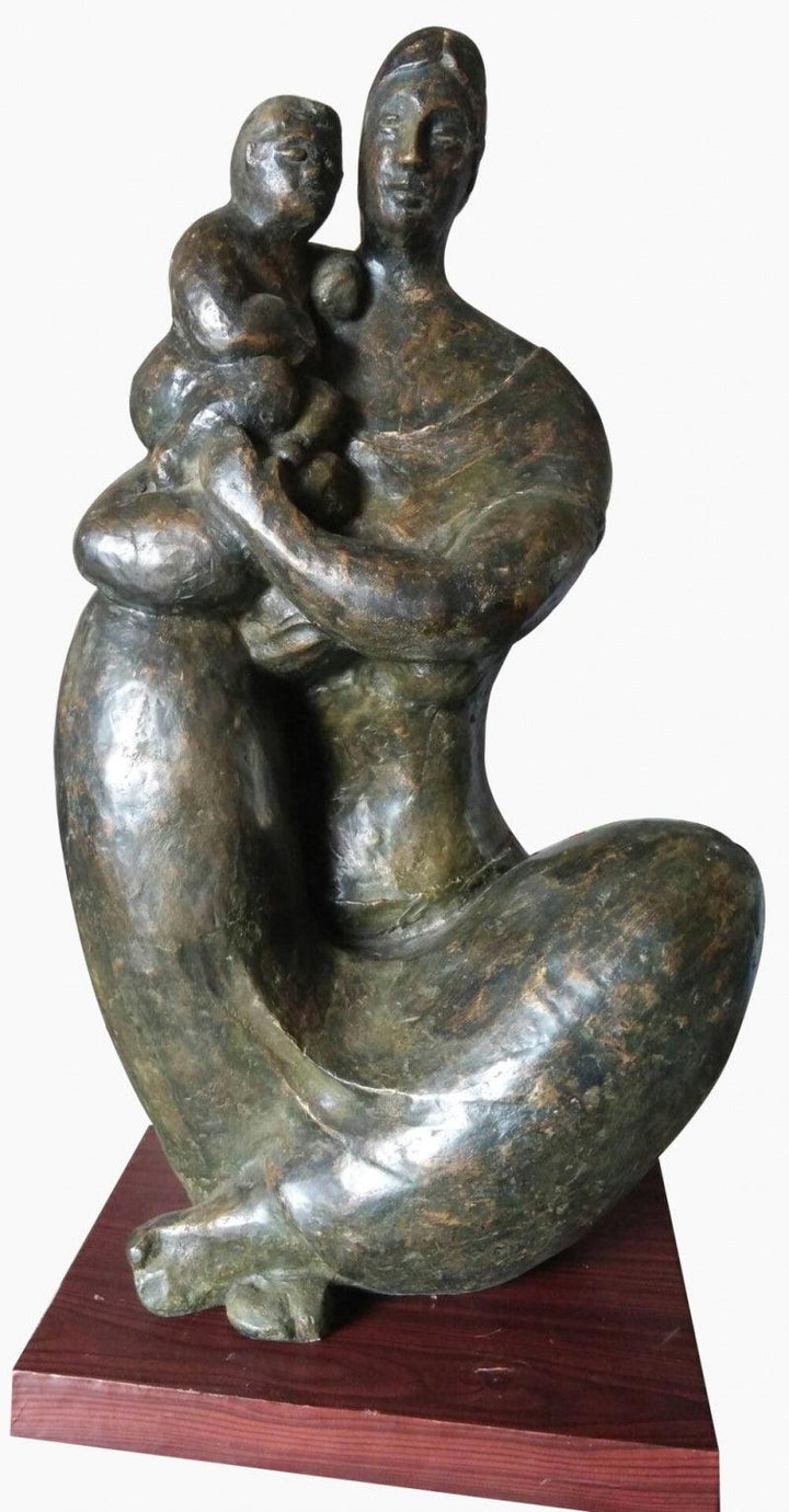 Figurative sculpture titled 'Mother And Child 4', 25x14x10 inches, by artist Shankar Ghosh on Bronze