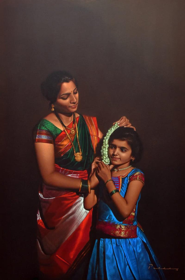 Figurative color pencil drawing titled 'Mother And Child', 47x31 inches, by artist Deepak Patil on Black Paper