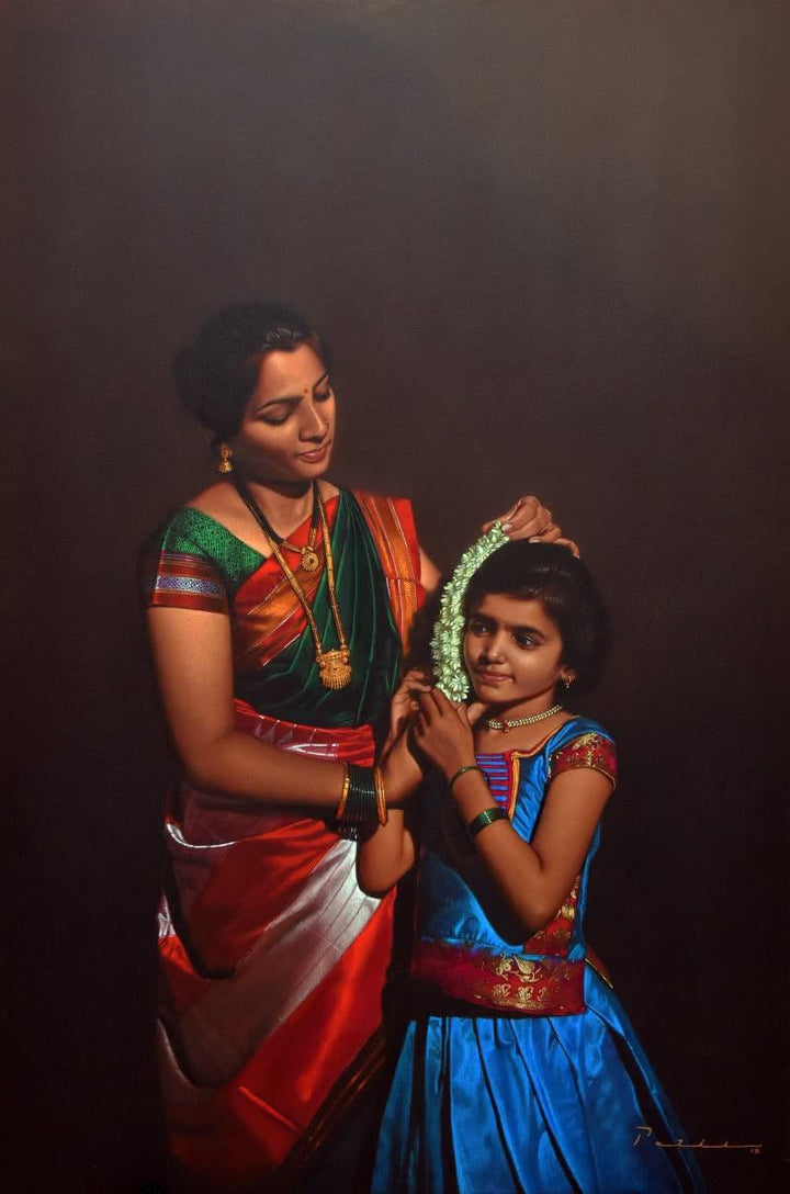 Figurative color pencil drawing titled 'Mother And Child', 47x31 inches, by artist Deepak Patil on Black Paper