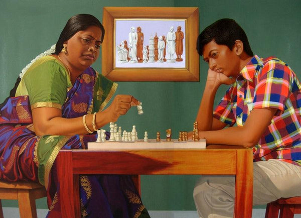 Figurative acrylic painting titled 'Mother And Child Chess', 26x36 inches, by artist Sakthivel Ramalingam on Canvas