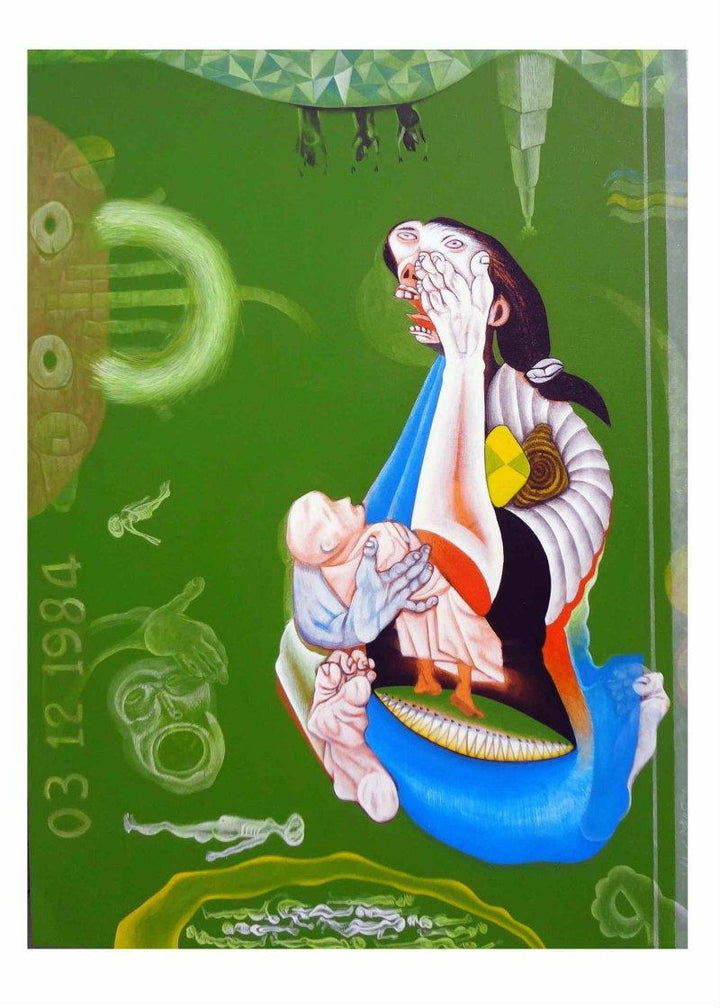 Figurative acrylic painting titled 'Mother & Child II', 48x36 inches, by artist Mahesh  Pal Gobra on canvas