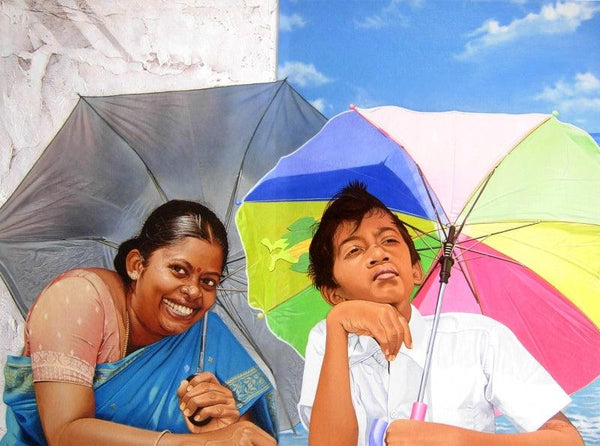 Figurative acrylic painting titled 'Mother And Child Umbrella', 24x31 inches, by artist Sakthivel Ramalingam on Canvas