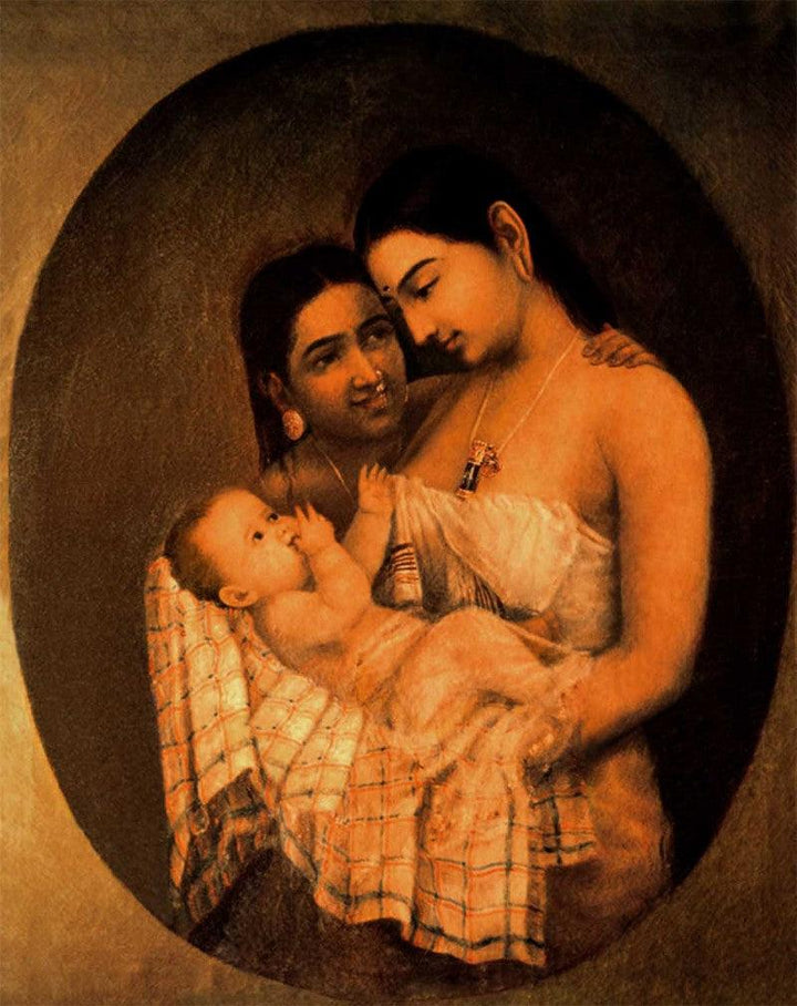 Figurative oil painting titled 'Mother Child', 36x29 inches, by artist Raja Ravi Varma Reproduction on Canvas