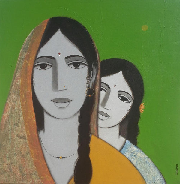 Figurative acrylic painting titled 'Mother Daughter 2', 24x24 inches, by artist Nagesh Ghodke on Canvas