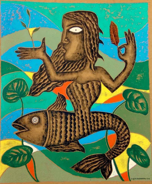 contemporary acrylic painting titled 'Mother Fish', 30x25 inches, by artist Ranjith Raghupathy on Cardboard