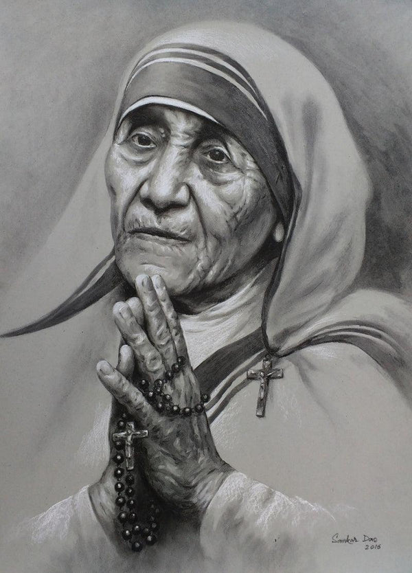 Figurative charcoal pastel drawing titled 'Mother Teresa 1', 30x22 inches, by artist Sankar Das on paper