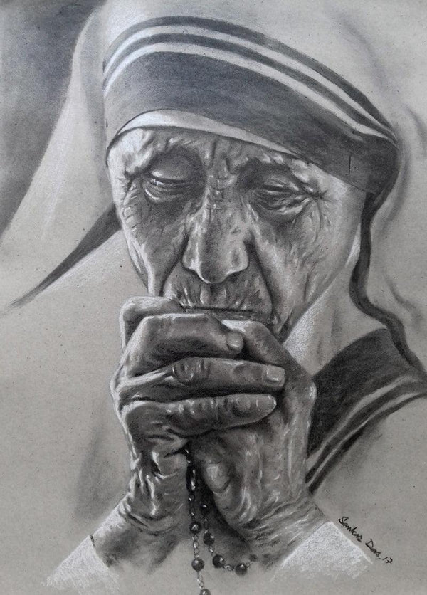 Figurative charcoal pastel drawing titled 'Mother Teresa 2', 21x15 inches, by artist Sankar Das on paper