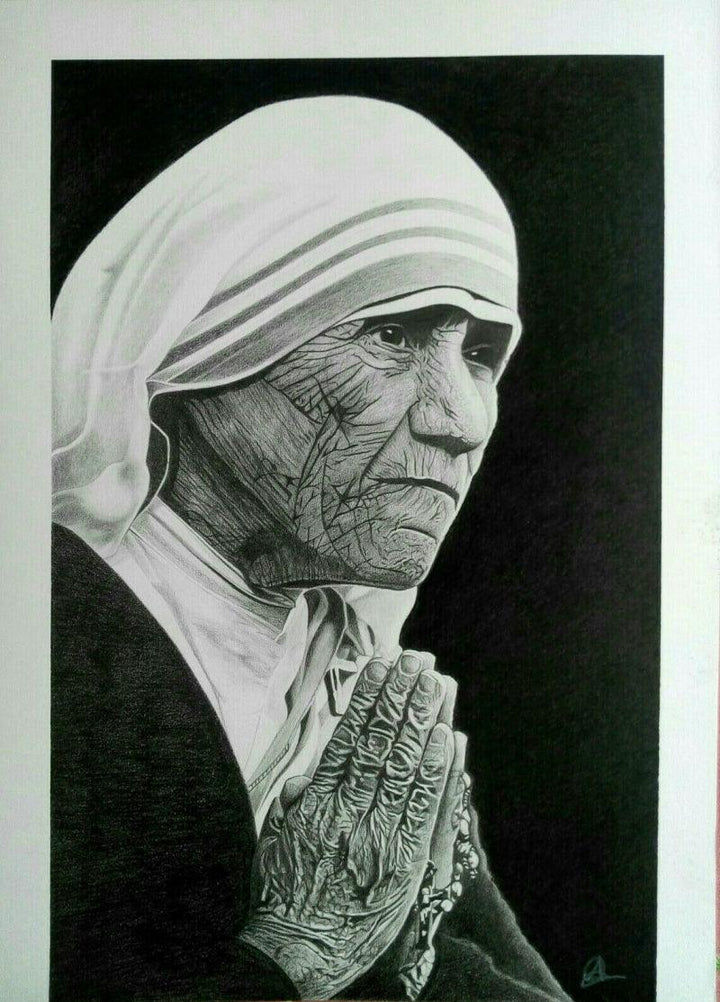 Portrait graphite drawing titled 'Mother Teresa Pencil Sketch', 17x12 inches, by artist Arindam Paul on Paper