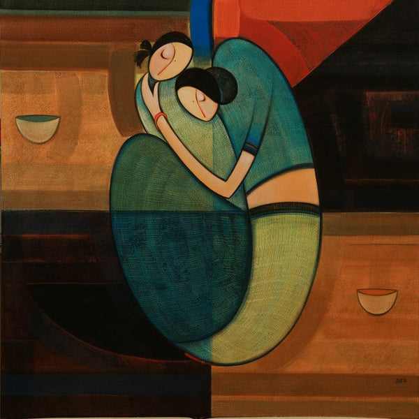 Figurative acrylic painting titled 'Motherhood 2', 36x36 inches, by artist Dattatraya Thombare on Canvas