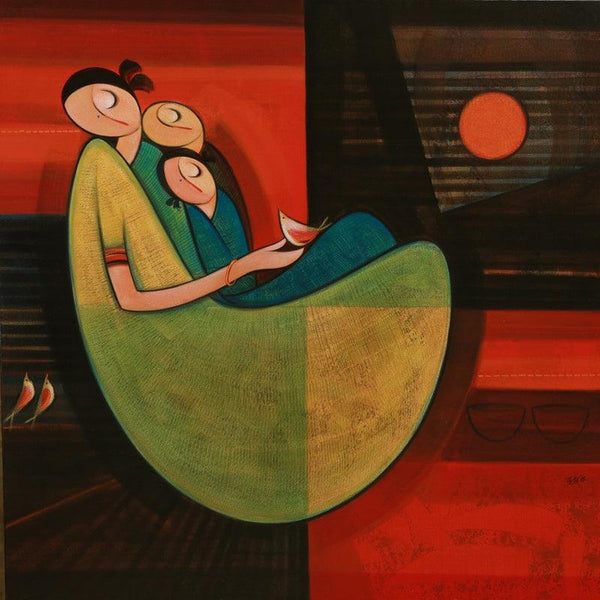 Figurative acrylic painting titled 'Motherhood 3', 34x34 inches, by artist Dattatraya Thombare on Canvas