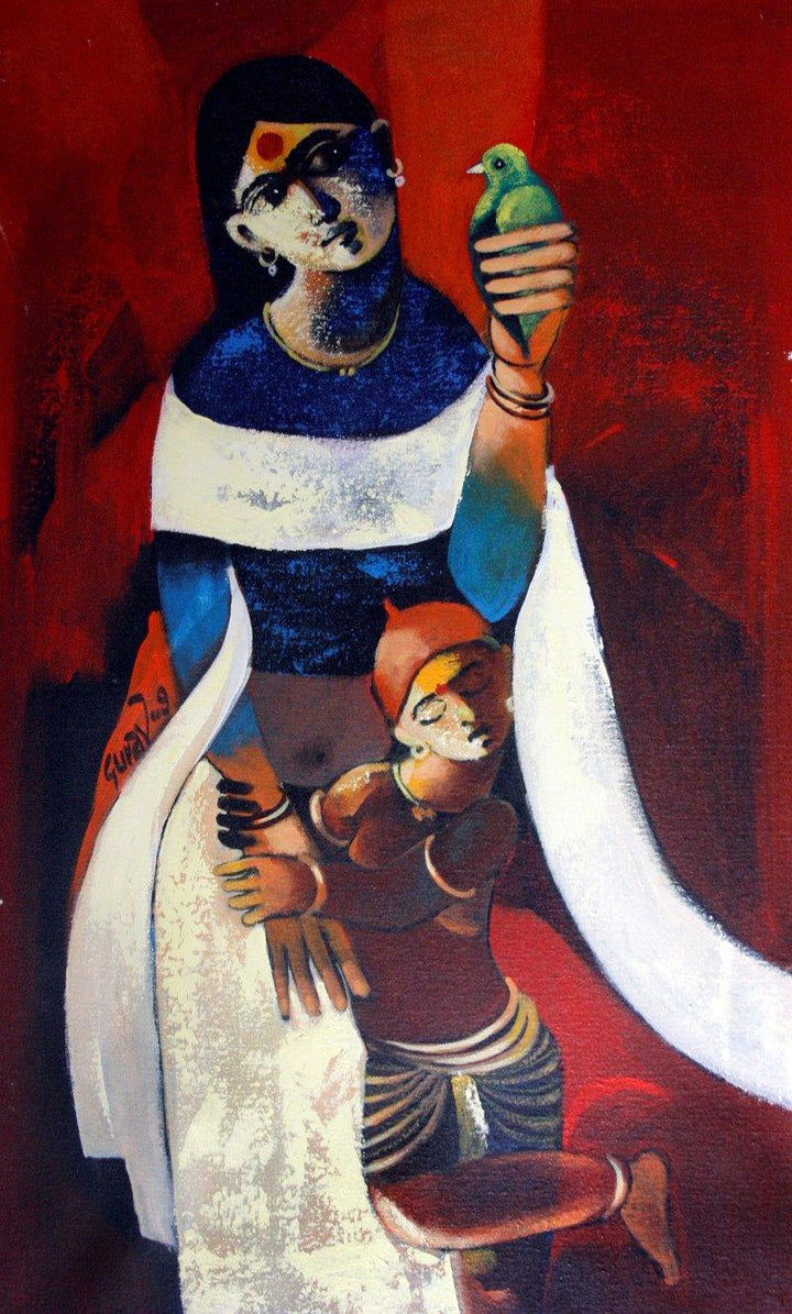 Figurative acrylic painting titled 'Motherly Love', 18x30 inches, by artist RAOSAHEB GURAV on Canvas