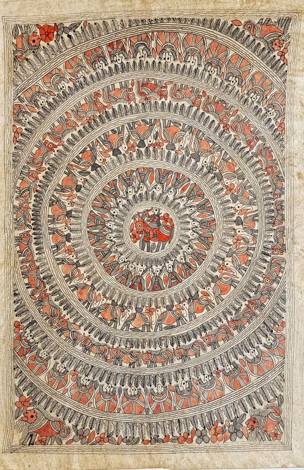 Folk Art gond traditional art titled 'Motiram In The Jungle Madhubani Art', 22x15 inches, by artist Kailash Devi on Paper