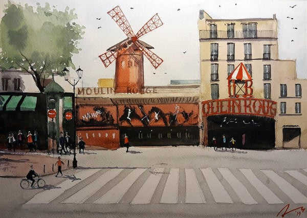 Cityscape watercolor painting titled 'Moulin Rouge France', 12x16 inches, by artist Arunava Ray on Paper