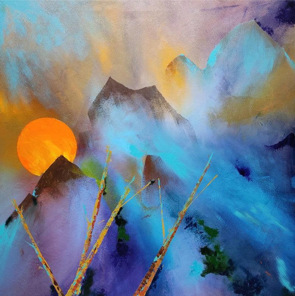 Nature acrylic painting titled 'Mountains', 36x36 inches, by artist Sanjay Dhawale on Canvas