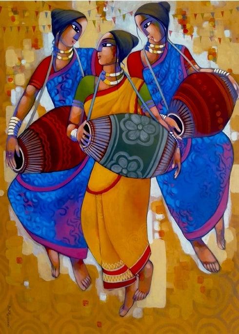 Figurative acrylic painting titled 'Mridanga', 66x48 inches, by artist Sekhar Roy on Canvas