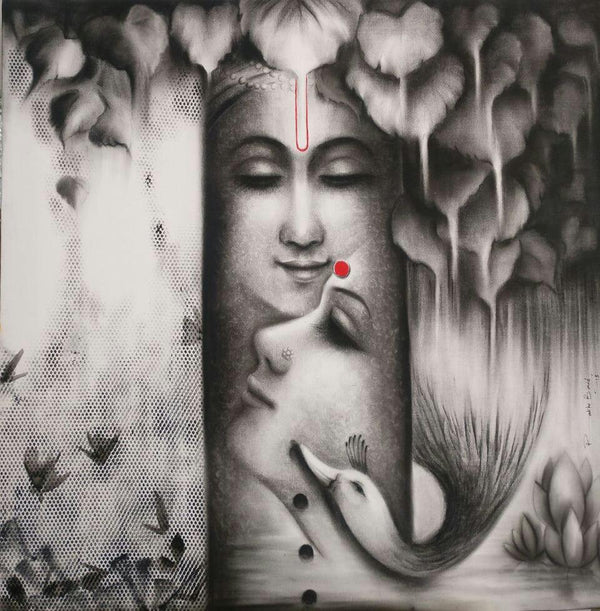 Religious charcoal painting titled 'Mrignaini', 30x30 inches, by artist Rakhi Baid on Canvas