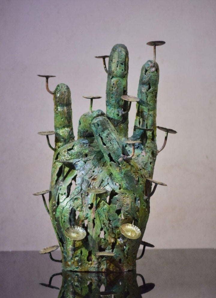 Figurative sculpture titled 'Mudra 2', 15x9x6 inches, by artist Dinesh Singh on Brass